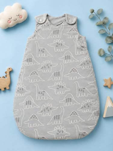 Image of TuddyBuddy Baby Cotton Wearable Quilted Sleeping Bag Blanket 1.5 Tog with 1 Way Zipper Closure | Ideal for Babies & Kids Hypoallergenic Fabrics | (Dino AOP - Grey, 18-24 Months)