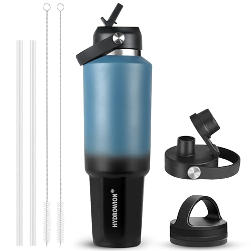 Image of HYDROWION 40 oz Insulated Water Bottle, Car Water Bottle Holder - Double Wall Vacuum Insulated Travel Bottle with Straw Lid, Spout Lid and Flex Cap - Cold for 24H, Hot for 12H, Blue - Black