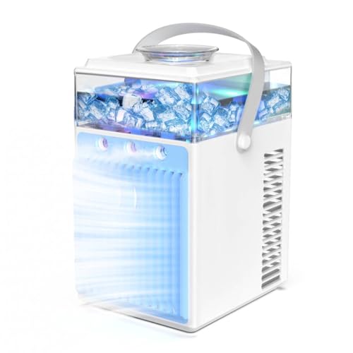 Aire Acondicionado Portatil, Mini Aire Acondicionado Portatil Silencioso, 5 en 1 Climatizador Evaporativo, Enfriador de Aire, 3 Velocidades, 3 Modos de Pulverización, LED de 7 Colores