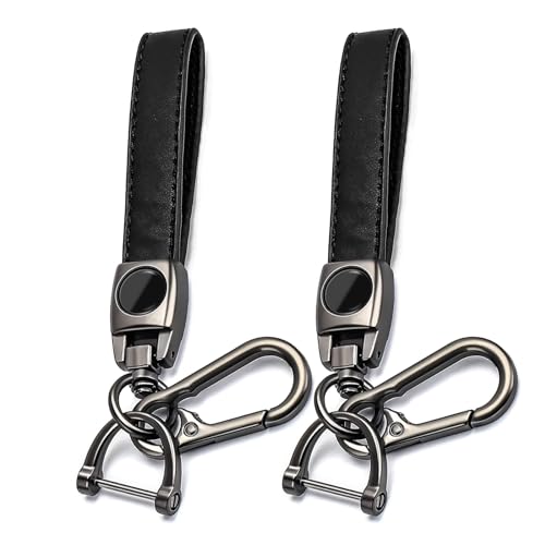 HOCHESLO Car Key Chain, 2pack Leather Keychain, Metal KeyChains for Men Women, Universal Car Key Fob Holder with 360 Degree Rotatable, Anti-Lost D-Ring, Black