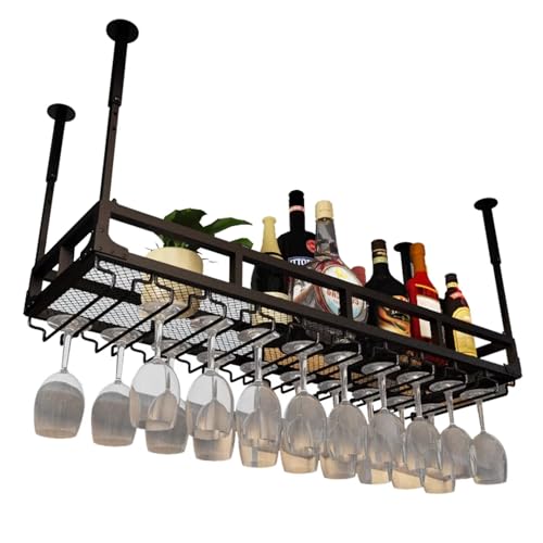 LIULIFEN Estante para Vino Colgante con Soporte para Copas, Soporte para Copas de Vino en el Techo de Metal, Soporte para Botellas de Vino, Soporte para Almacenamiento de Vino con Estante d