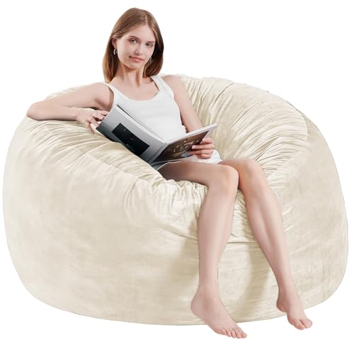 Image of Bean Bag Chairs for Adults - Memory Foam Furniture BeanBag Chair - Kids /Teens Sofa with Soft Micro Fiber Cover - Round Fluffy Couch for Living Room Bedroom College Dorm - 4 ft, Ivory