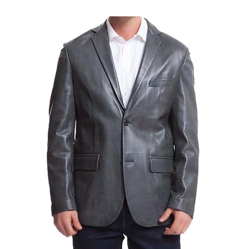 Men's Genuine Lambskin Leather Gray Blazer Two Button Coat Formal Business Casual Wear Suit