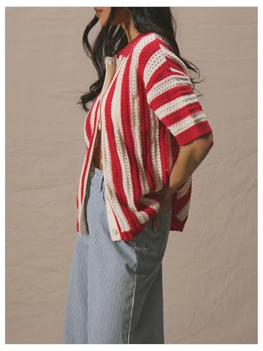 Verdusa Women's Striped Button Down Shirt Y2k Cardigans Colorful Collared Knit Tops Streetwear3