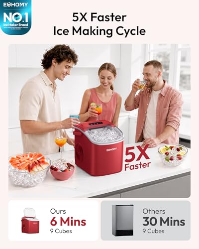 Image of EUHOMY Countertop Ice Maker Machine with Handle, 26lbs Per Day, 9 Ice Cubes Ready in 6 Mins, Auto-Cleaning Portable Ice Maker with Basket and Scoop, for Home /Kitchen /Camping /RV (Red)