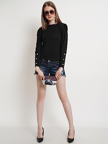 Image of POPWINGS Casual Solid Puff Button Long Sleeves Top for Women || Summer Round Neck Stylish Western Top for Jeans