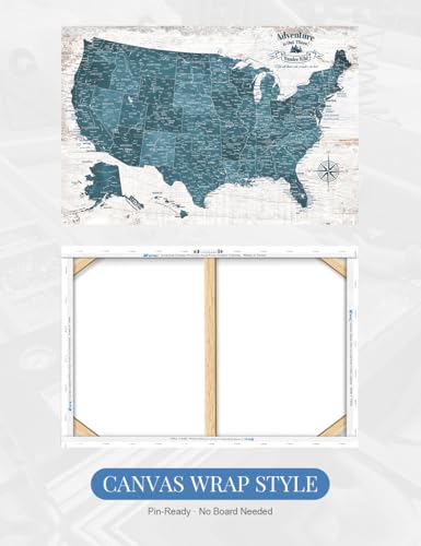 Image of IPIC - Large Vintage Teal USA Map Wall Art, Push Pin USA Map to Track Your Travels, Farmhouse Style Canvas Wall Decor for Home, Office, Living Room or RV, Ready to Hang, Made in USA