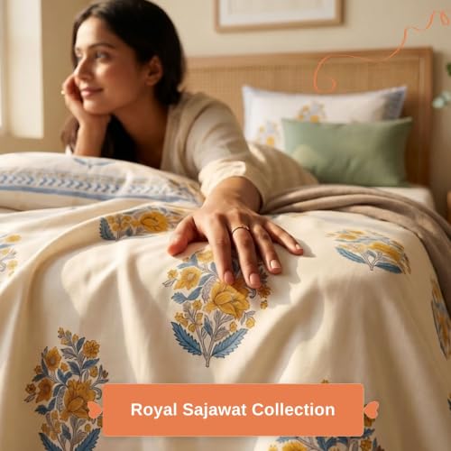 Image of Naksh Bedsheet Queen Size Bed Cotton | Royal Sajawat Vintage Mughal Floral Bedsheet with 2 Pillow Covers | Pure Cotton Bedsheets for Queen Size Bed | Royal Blue Cotton Bedding Set