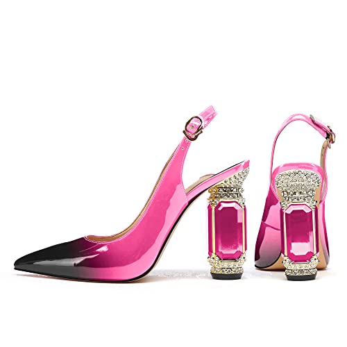 Image of JANSEVEN Women Chunky Heels Pumps Crystal Block Heels with Rhinestones Pointed Toe Sexy Gradient Patent Leather Slip on Bridal Party Wedding Dress Shoes 5-13 M US