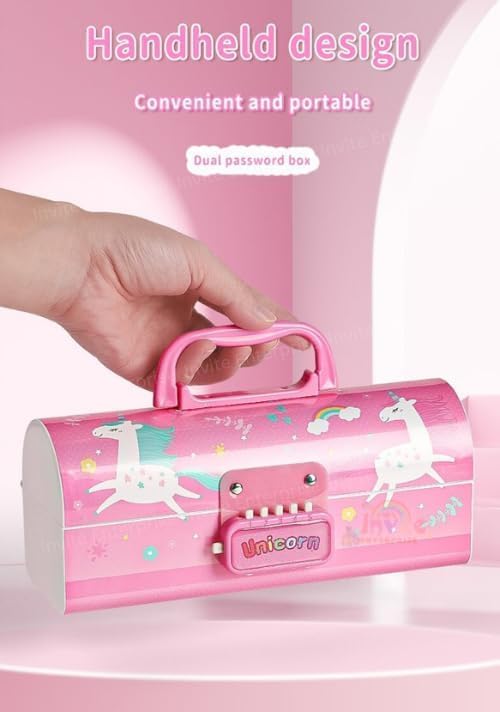 Image of WORSHIPER New Cartoon Theme Pencil Box with Push Pull Eraser Set for Kids | Suitcase Style Password Lock Stationery Organizer | School Supplies Gift Combo for Boys & Girls (Red Unicorn + Eraser)