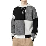 Men's Plaid Knit Sweater Korea Harajuku Long-Sleeved Pullover Round Neck Sweater Black L