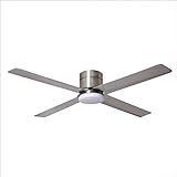 Ventilador KONA realizado en metal, PVC y policarbonato, en color NIQUEL con cuatro aspas de color PLATA. Motor DC. Tiene seis velocidades ajustables. Tecnología LED incorporada con una potencia de 18W en 4000k y 1800 lúmenes. Su medida es de 21,5X132X132 centímetros. Control de aire verano o invierno. Mando a distancia INCLUIDO. Modelo también disponible en Marrón y en Blanco.