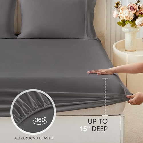 Image of Tokokimo Queen Sheet Set 4 Piece, Super Soft Washed Cotton-Linen Feel Microfiber, 16 inch Deep Pocket Fitted Sheet, 1 Flat Sheet, 2 Pillowcases, Breathable Bed Sheets, Grey