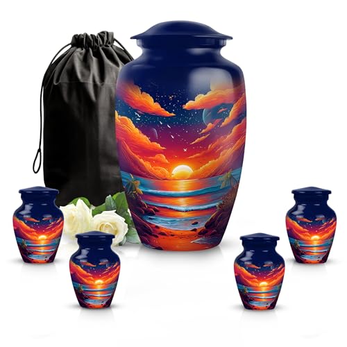 Image of Beach Urn Decorative Urn for Adult Male & Female 1 Large & 4 Small | Cremation Human Remains Urns, Memorial Ashes, Ashes Urn Human Remains