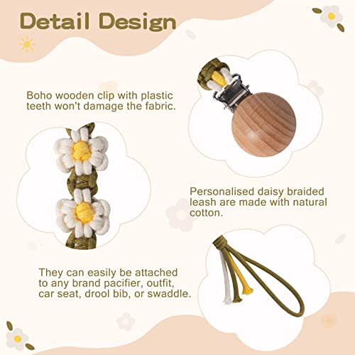Image of Pacifier Clip for Boys Girls Floral Daisy Macrame Paci Clip Pacifier Holder Leash Boho Wooden Clips Handmade Braided Cotton Unisex Baby Shower Birthday Gift