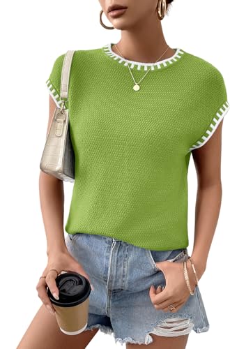 Image of Cap Sleeve Sweater Tops for Women 2026 Knit Summer Sleeveless Tank Vest | Slim Fit, Trendy Color Block, Soft, Skin-Friendly, Strechy, Lightweight, Breathable, Casual Daily Wear