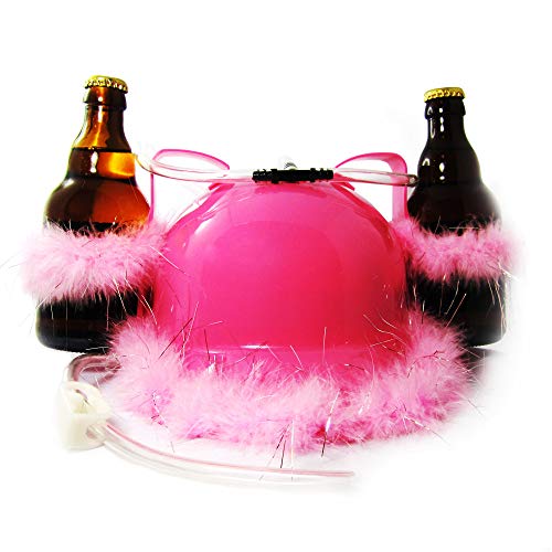 MonsterCadeaux Casque à bière Rose pailletté avec Paille et Porte-Bouteilles - Casque Anti-Soif - Support pour canettes et Paille - Accessoire de fête - Déguisement