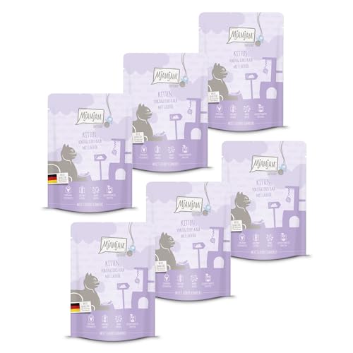 MjAMjAM - Comida húmeda Premium para Gatos - Quetschie - Gatito - añojo excelente con Aceite de salmón, sin Cereales con Extra de Carne, Ternera (Gatito), Pack de 6 (6 x 300 g)