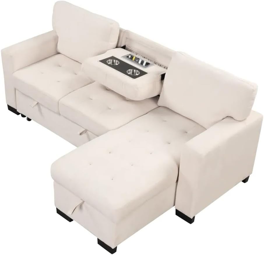 Functional Light Chaise Sofa with Storage Rack Pull-Out Bed Drop Down Table and Charger,for Living Rroom