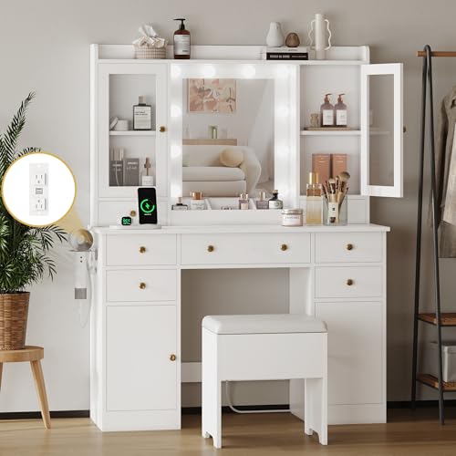 Makeup Vanity Desk with Mirror and Lights, White Vanity Table Set with Storage Drawers, Charging Station, Cabinets & Chair, Large Dressing Table with RGB Ambient Light for Women Girls Bedroom Bathroom