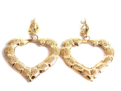 Aretes de aro con clip tono dorado corazón bambú 2 pulg