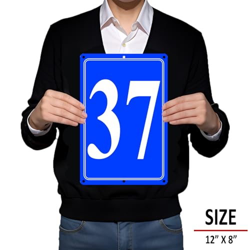 Image of Premium Aluminum Number Signs 37, Metal 12 inch X 8 inch Blue Numbered Signs Outdoor for Parking Lots, Floor, Dock, Court, Aisle, Field, High Visibility, No Fade, Weather-resistant