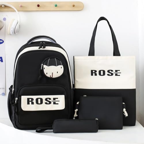 4Pcs Simple Style Backpack for Women, Book Bag with Shoulder Bag, Tote Bag and Stationery Box, Large Capacity Rucksack with Small Wallet, Personalized Stylish Daypack Bag for Travel, Commuting3