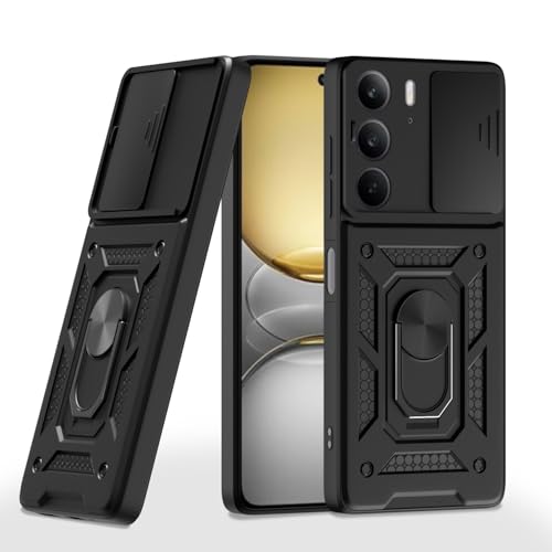 Image of Pikkme Back Cover for Realme C75 | D10 Tough Armor | 360 Protection Case | Sliding Camera Shield Cover & Ring Holder Stand Bumper Case (Black)