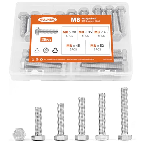 Image of M8 x 30mm 35mm 40mm 45mm 50mm Heavy Duty Hexagon Bolts Hex Head Screws, 304 Stainless Steel, Machine Fully Thread, Metric, Bright Finish, Assortment Kit 25PCS