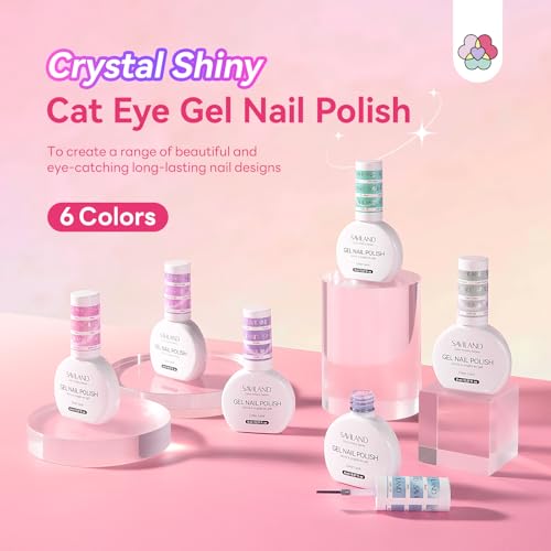 Image of SAVILAND Color Artistry Cat Eye Gel Nail Polish: 6 Colors Crystal Shiny Magnetic Gel Nail Aurora Pink Blue Purple Shimmer Cateye Nail Polish Set