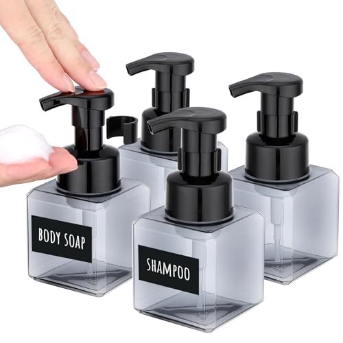 Segbeauty Dispenser Sapone Schiuma, 4 Pezzi 250ml Dispenser Shampoo e Bagnoschiuma, in Plastica, con Etichetta, Dosatore Sapone mani per Bagno (Grigio)
