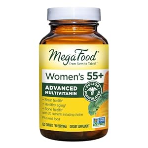 MegaFood Women’s 55+ Advanced Multivitamin – Doctor-Formulated with Choline, D3, B12, and Antioxidants – Plus Real Food – Optimal Aging, Brain, and Bone Support- Vegetarian – 120 Tabs (60 Servings)