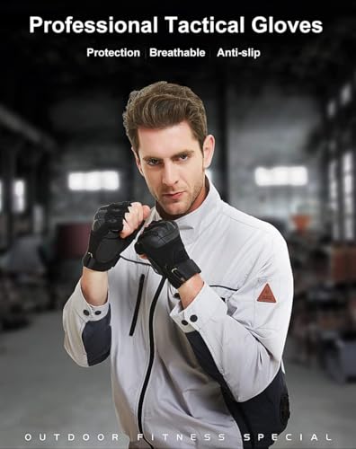 Image of UCRAVO Motorcycle Riding Gloves for Men with Rubber Knuckle Protection Tactical Half Finger Anti-Slip Bike Gloves for Motorbike Riding, Cycling,Scooter,Touring,Racing,Off-Road & Summer Riding | Nylon