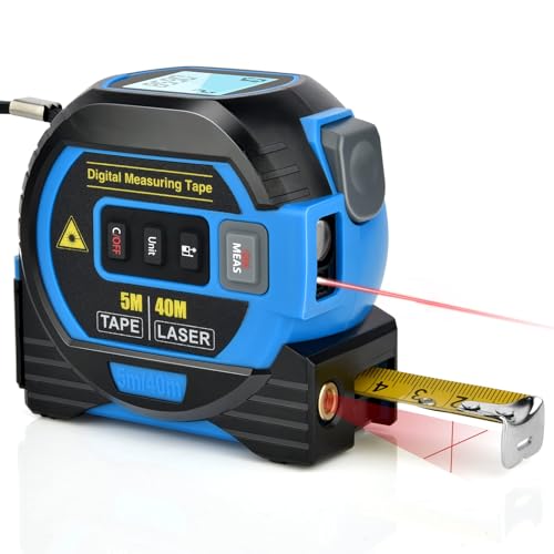 Fitdays 3-in-1 Laser Tape Measure with Cross Line Level - Digital Laser Measurement Tool 131ft/40m, Auto-Leveling LCD Display, in/ft/m Units | 16ft/5M Tape | (Blue)