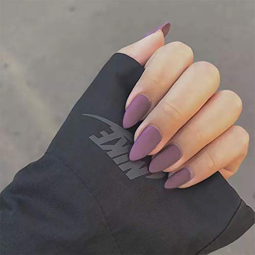 Umillars 24pcs Matte Pure Color Stiletto Nails False Gel Nails Art Tips Sets Full Cover Medium Almond Shape Acrylic Fake Nail Tips Gel (Lilac)