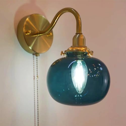 Aplique de Pared nórdico - Lámpara de Noche Retro con Pantalla de Cristal de Globo de Mediados de Siglo, Interruptor de Cadena, portalámparas E14 de latón, Accesorio de iluminación Vintage para d