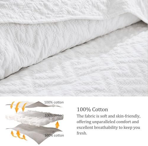 Image of palassio White 100% Cotton Quilt California Cal King Size Bedding Sets with 2 Pillow Shams, Oversized Lightweight Textured Farmhouse Bedspread Soft Shabby Chic Coverlet for All Season, 3 Pieces