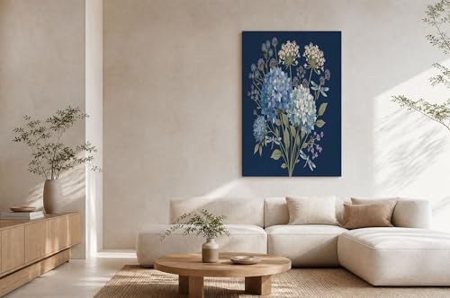 Tableau decor murale salon hortensia bleu foncé toile 60x90cm