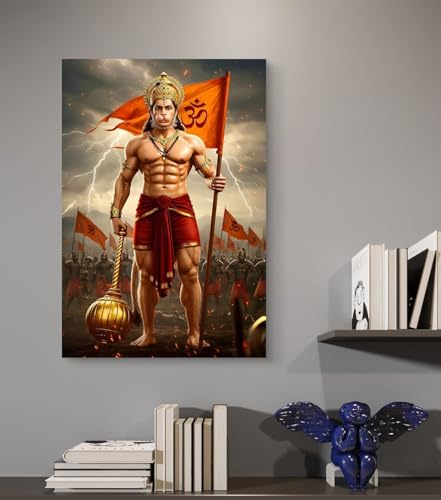 Image of SAF Veer Hanuman Powerful Warrior Wall Poster | Bajrangbali Gada Artwork with Om Flag | Waterproof Sparkle Laminated Vinyl Poster | Unframed Religious Home Decor 12 x 18 inch