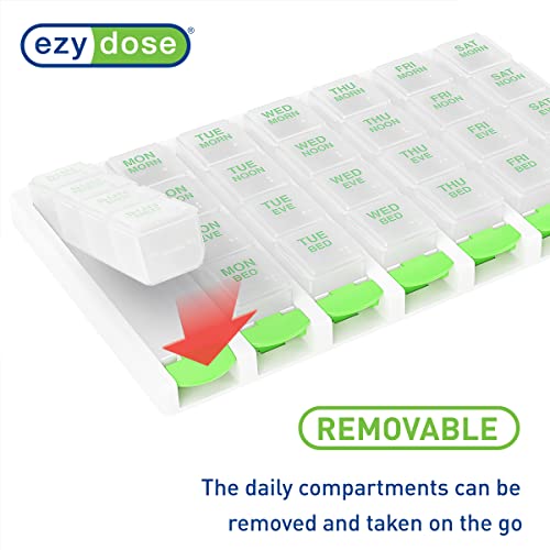 Image of EZY DOSE Weekly (7 Day) 4 Times a Day Push Button Pill Organizer and Vitamin Planner, Removable Daily Pillboxes, Green, Convenient and Easy to Use, Clear Lids, Large, BPA Free