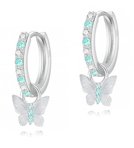 Ohrringe für Mädchen Kinder Creolen Nickelfrei 925 Sterling Silber mit Schmetterling Anhänger Mädchenohrringe Charm Design Hypoallergen Silberohrringe Türkis