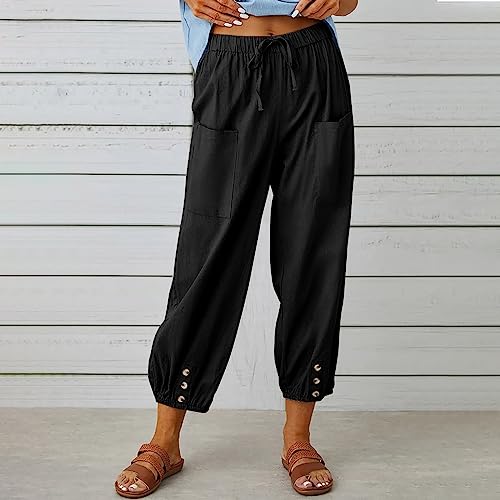 Akivide Women's High Waist Drawstring Cotton Linen Pants with 2 Pockets Straight Wide Leg Capri Cropped Trouser for Women2