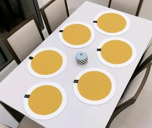 Image of Cotton Rope Placemats, Round Red with White Border, Set of 4, Heat Resistant Table Mats (Yellow and White)
