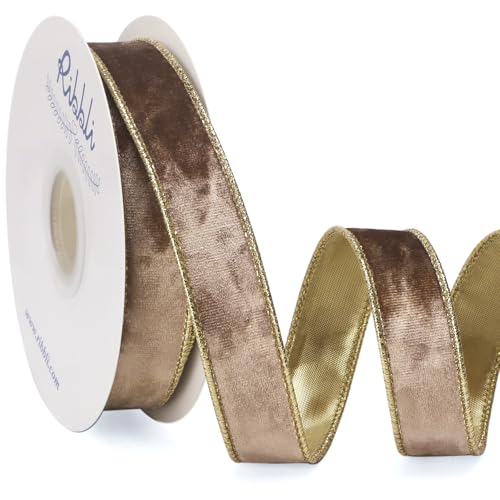 Image of Ribbli Camel Velvet Wired Ribbon 1 Inch Metallic Khaki Gold Crushed Velvet Christmas Ribbon for Gift Wrapping Christmas Tree Decoration Crafts Wreaths Supplies-Continuous 10 Yards