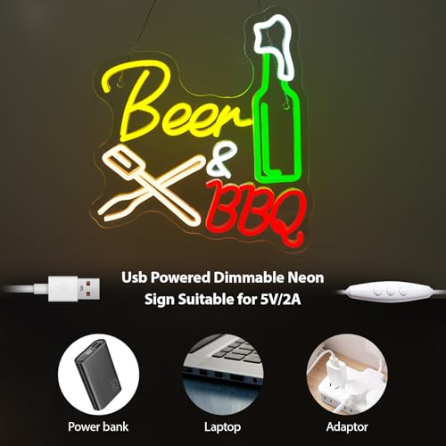 Image of Neon Beer Signs for Wall Wine Decor LED BBQ Sign Light Up Bar Backyard Party Neon Beer Light Sign for BBQ Shop Restaurant Barbecue Gifts for Meat Beer Lovers