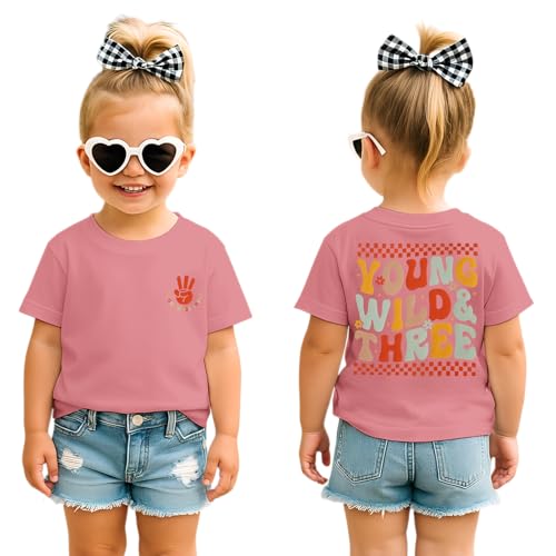 3.Geburtstag T-Shirt für Mädchen Young WILD&Three Drucken Shirt Dritten Geburtstags Tshirt Baby Kinder Geburtstagsshirt Sommer Kurzarm Top Süßes Rundhals Kinderkleidung(3 Jahre Dunkelrosa)