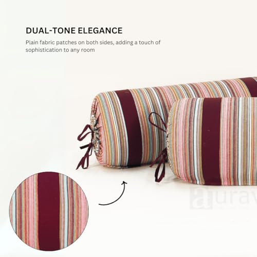 Image of AURAVE Woven Cotton 144 TC Bolster Cover with Drawstring Closure, Set of 2, Soft Breathable Durable Machine Washable for Sofa Bed & Home Decor, 15 inchx30 inch, Burgundy | Cover Only