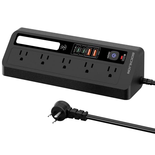 Desk Extension Lead with USB Slots, BOCHLION PD 35W + PD 20W Fast Charging Power Station with Night Light, 5 Way Plug Extension Socket Surge Protector, Desktop Power Strip 1.8M for Home Office (Black)