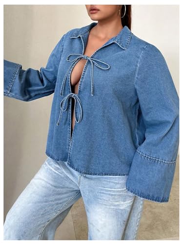 Floerns Women's Plus Size Bow Tie Front Denim Jacket Long Sleeve Going Out Jean Tops2
