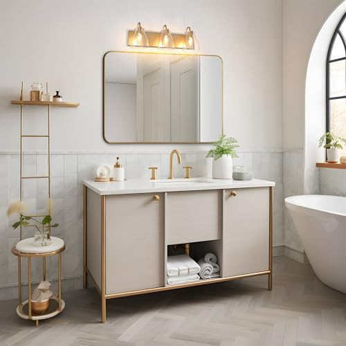Image of KSANA Gold Bathroom Light Fixtures, 22'' Modern Vanity Lights with Clear Bell-Shaped Glass Shade, 3-Light Bathroom Lighting Over Mirror